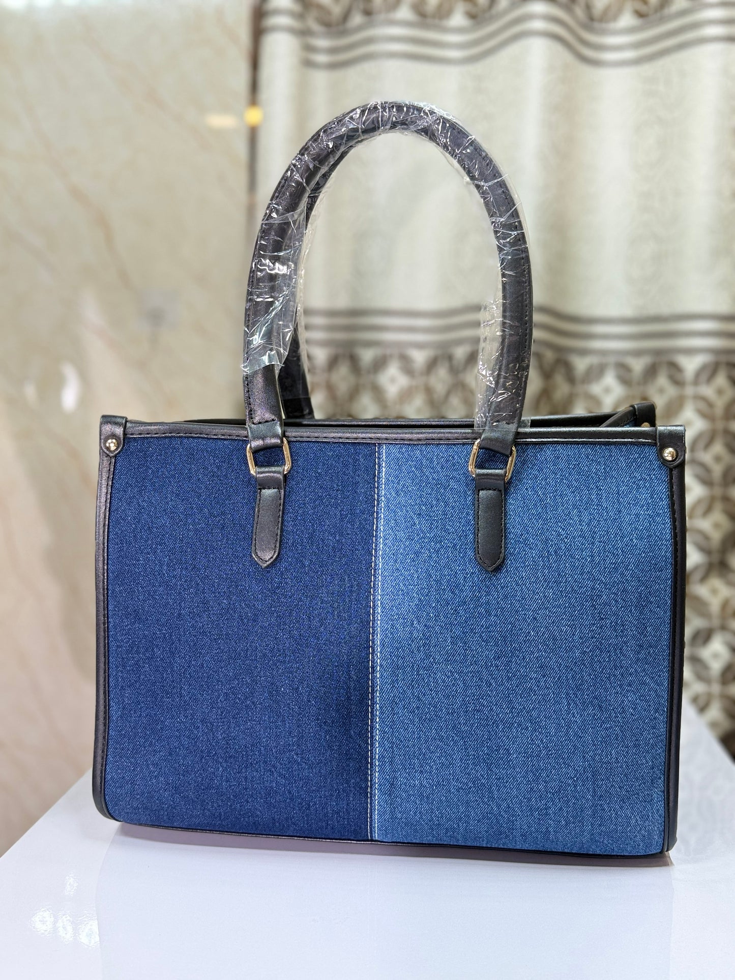 Two toned denim luxe tote