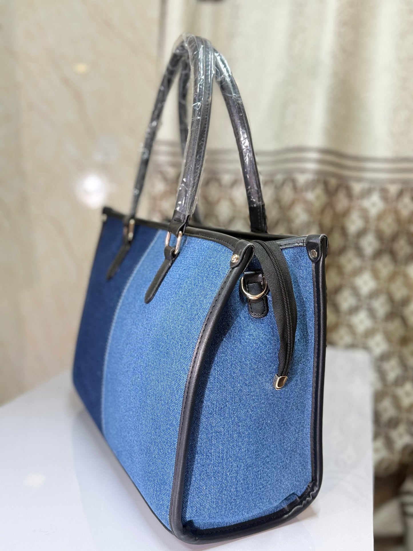 Two toned denim luxe tote